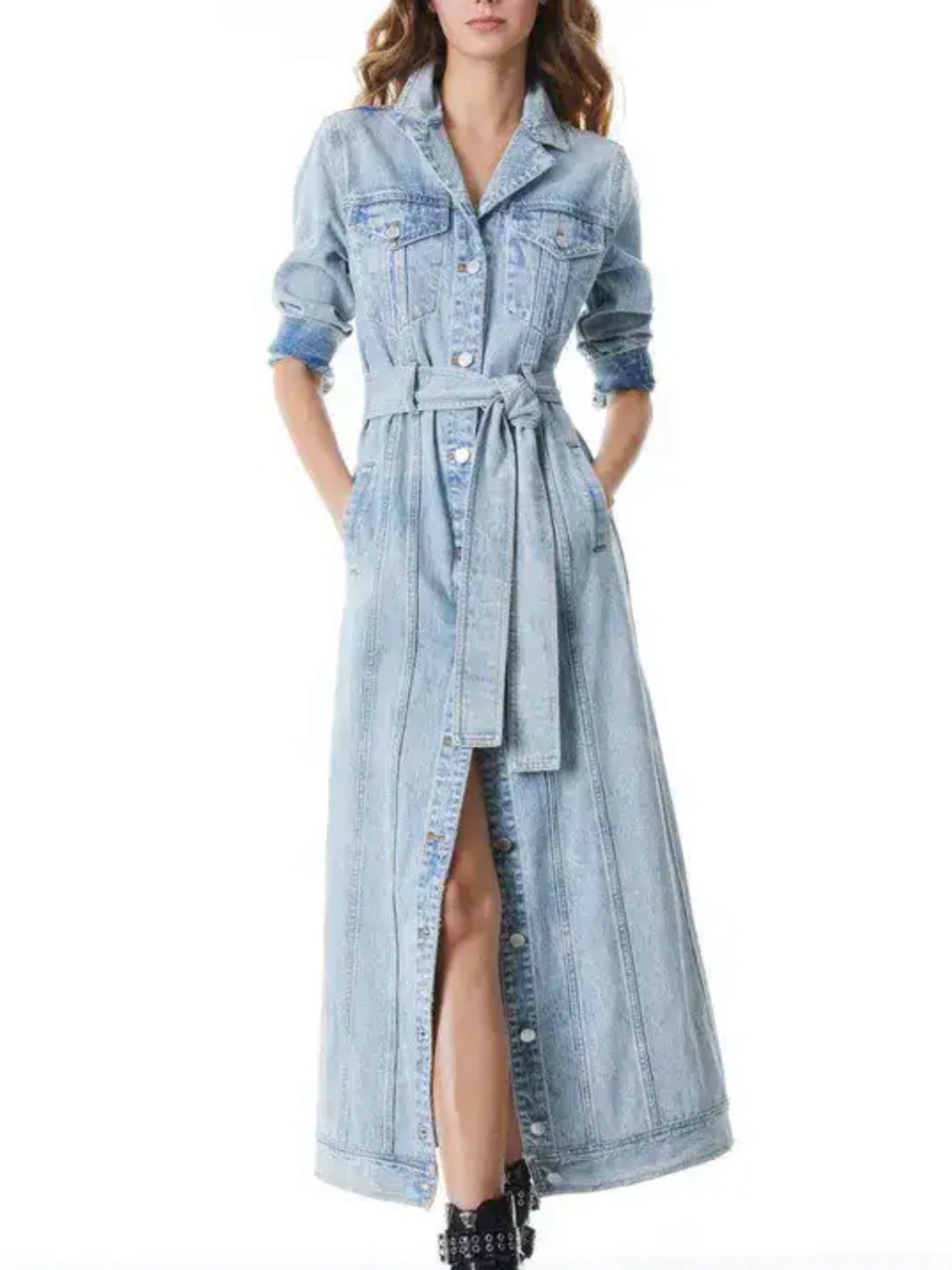 Alice + Olivia Light Blue Denim Maxi Shirt Dress with Waist Tie